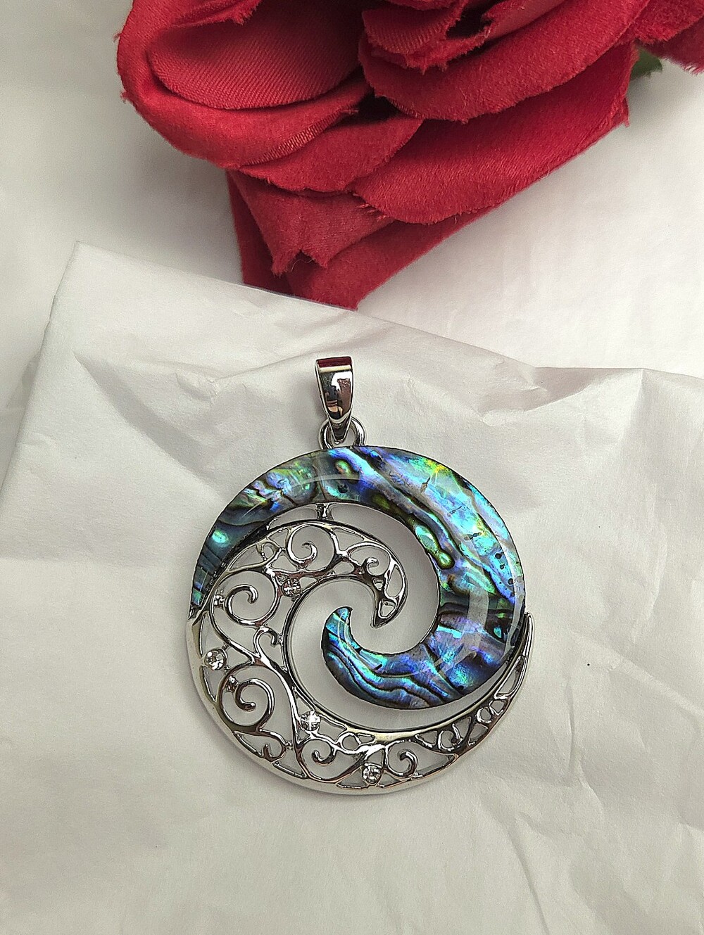 Silver Plated Abalone & Crystal Spiral Pendant or Charm Jewelry Making